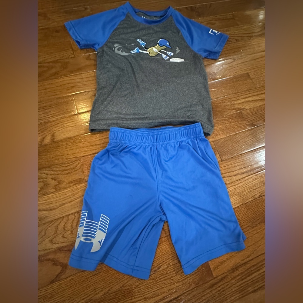 UNDER ARMOUR Blue and Gray Kids' Sports Baseball Short Sleeve Shorts Outfit 4/5